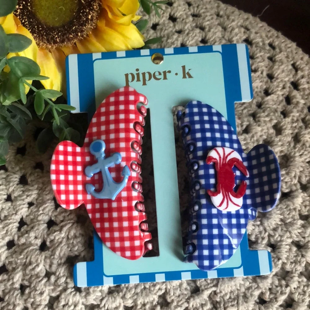 Piper Red & Blue Gingham Nautical Hair Clips